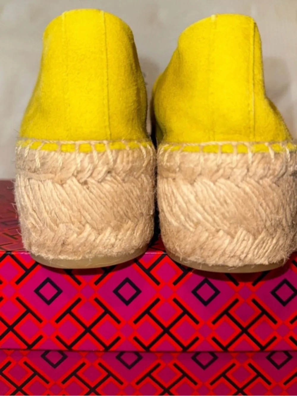 Tory Burch Lemon Yellow Suede Espadrille Platform Slip-Ons